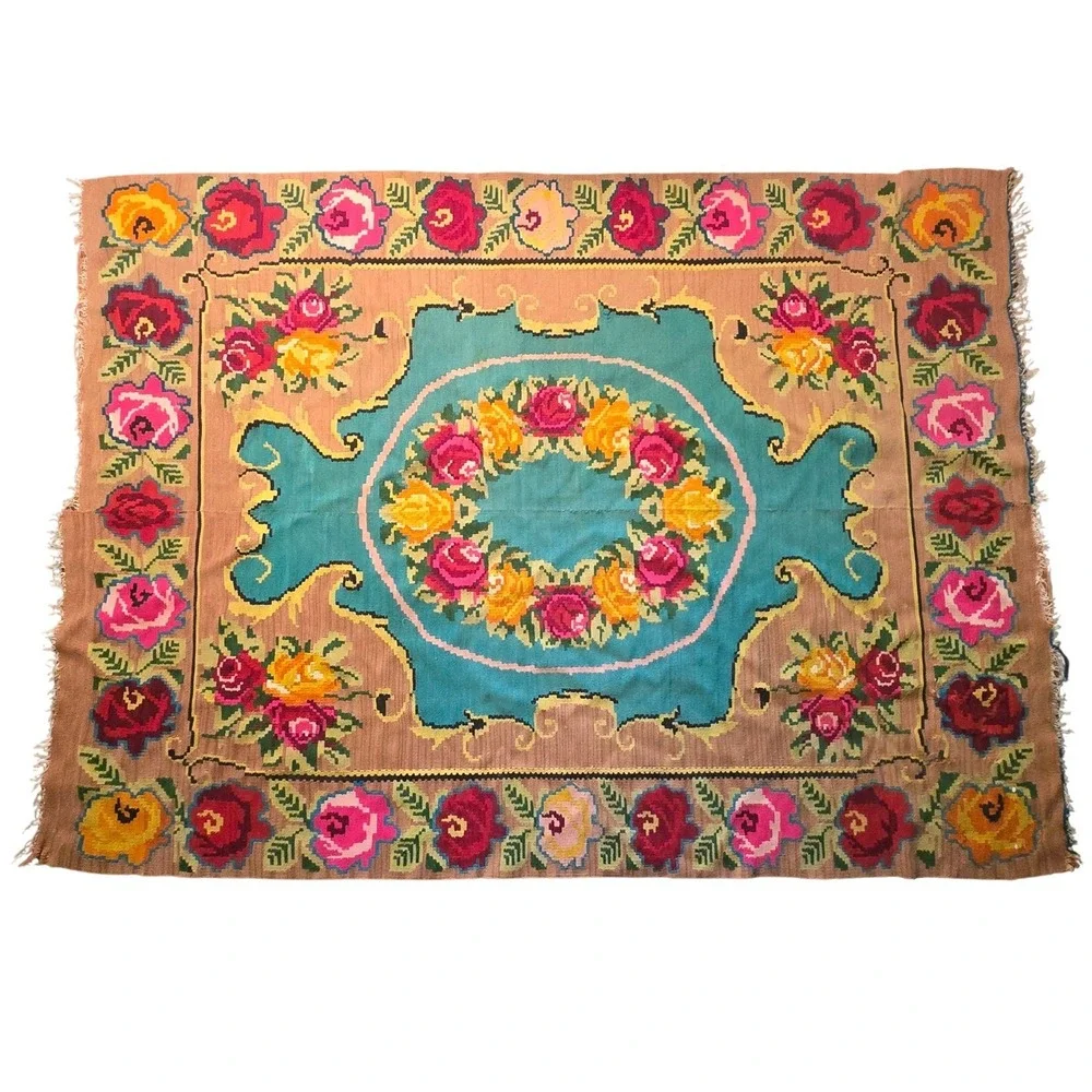 Vintage Handwoven Kilim Rug Floral Medallion Turquoise Tan Boho Flatweave Fringe